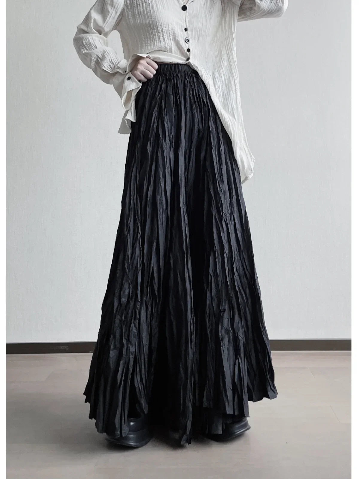 UMI MAO Irregular Fold Maxi Skirt – Elegant A-Line