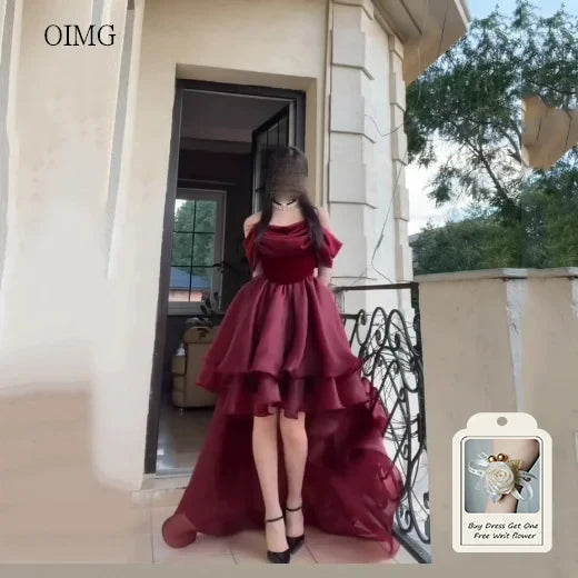 Burgundy Off-Shoulder Asymmetric Evening Gown