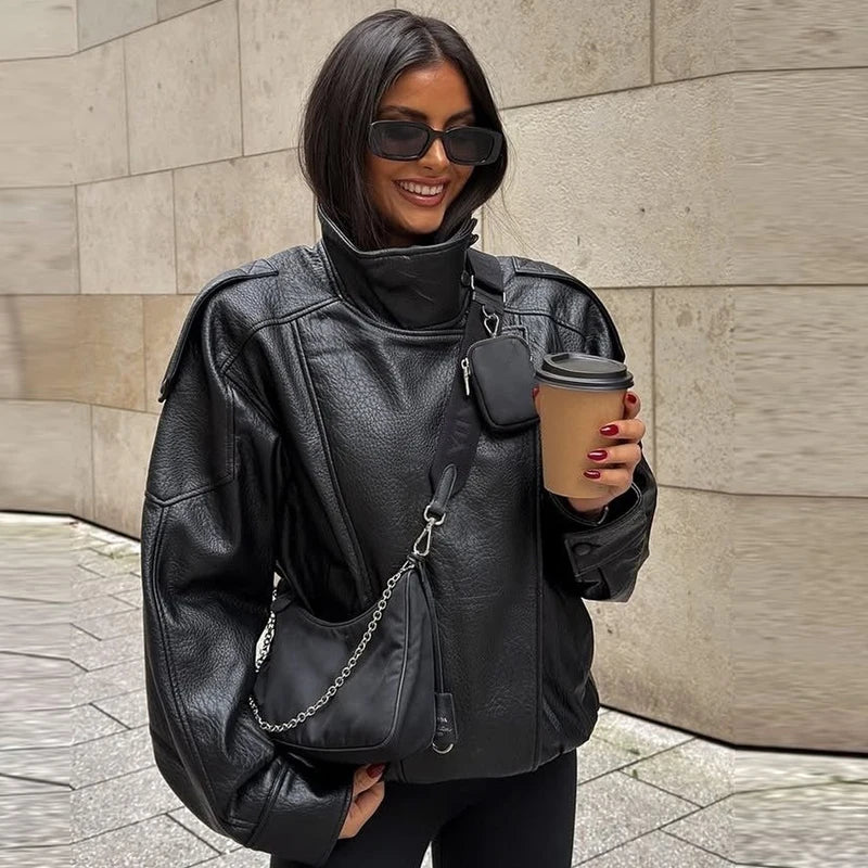 HXAO Faux Leather Black Jackets For Woman New Arrival Cropped Oversize Bomber Jacket Zip-Up Long Sleeve Coats Motorcycle Jackets
