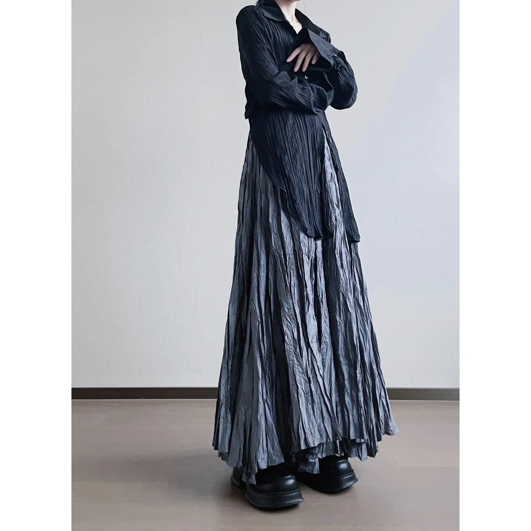 UMI MAO Irregular Fold Maxi Skirt – Elegant A-Line