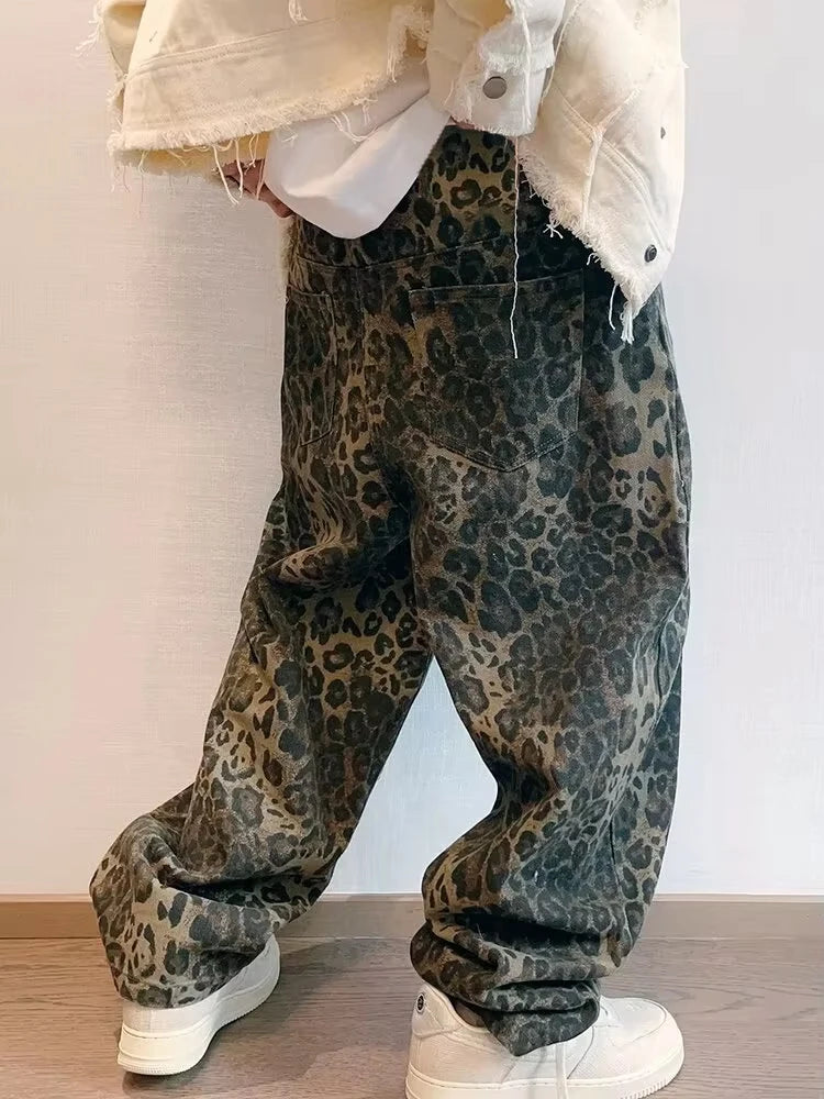 Men's Leopard Print Wide-Leg Denim Jeans