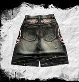 Y2K Dark Wash Wide Leg Jeans with Pink Flame Embroidery