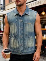 Vintage washed denim vest for men spring and autumn loose workwear sleeveless vest street style versatile layering jacket