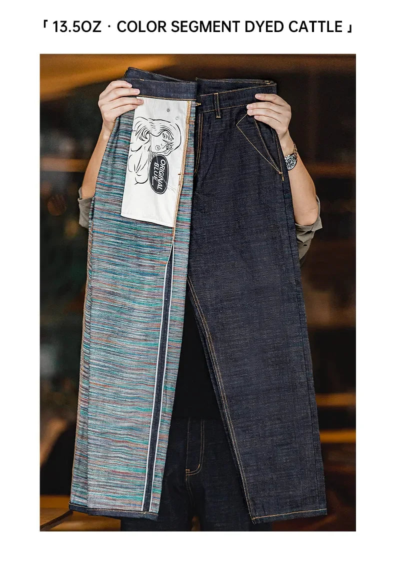 Maden Vintage 13.5OZ Selvedge Raw Denim Jeans Cotton Straight Denim Pants Men's Heavyweight Blue Zip Fly with Pockets Trousers
