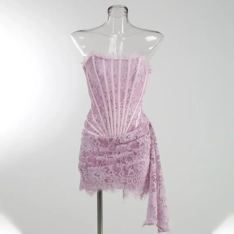 Strapless Lace Mini Dress – Elegant Sheer Patchwork Slim Fit Evening Dress