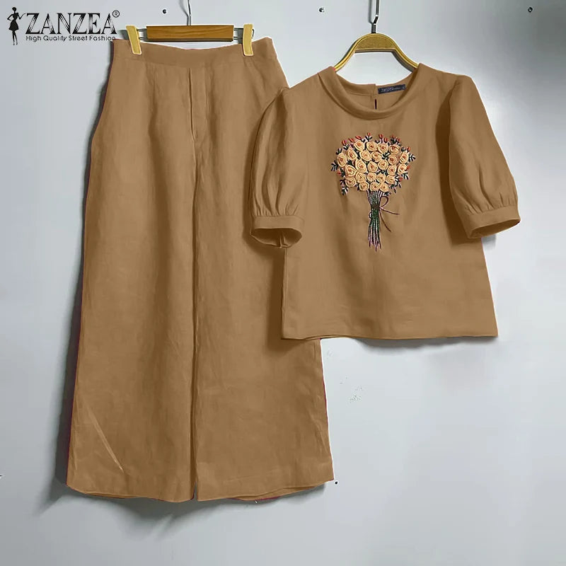 Floral Embroidery Linen-Style 2-Piece Set