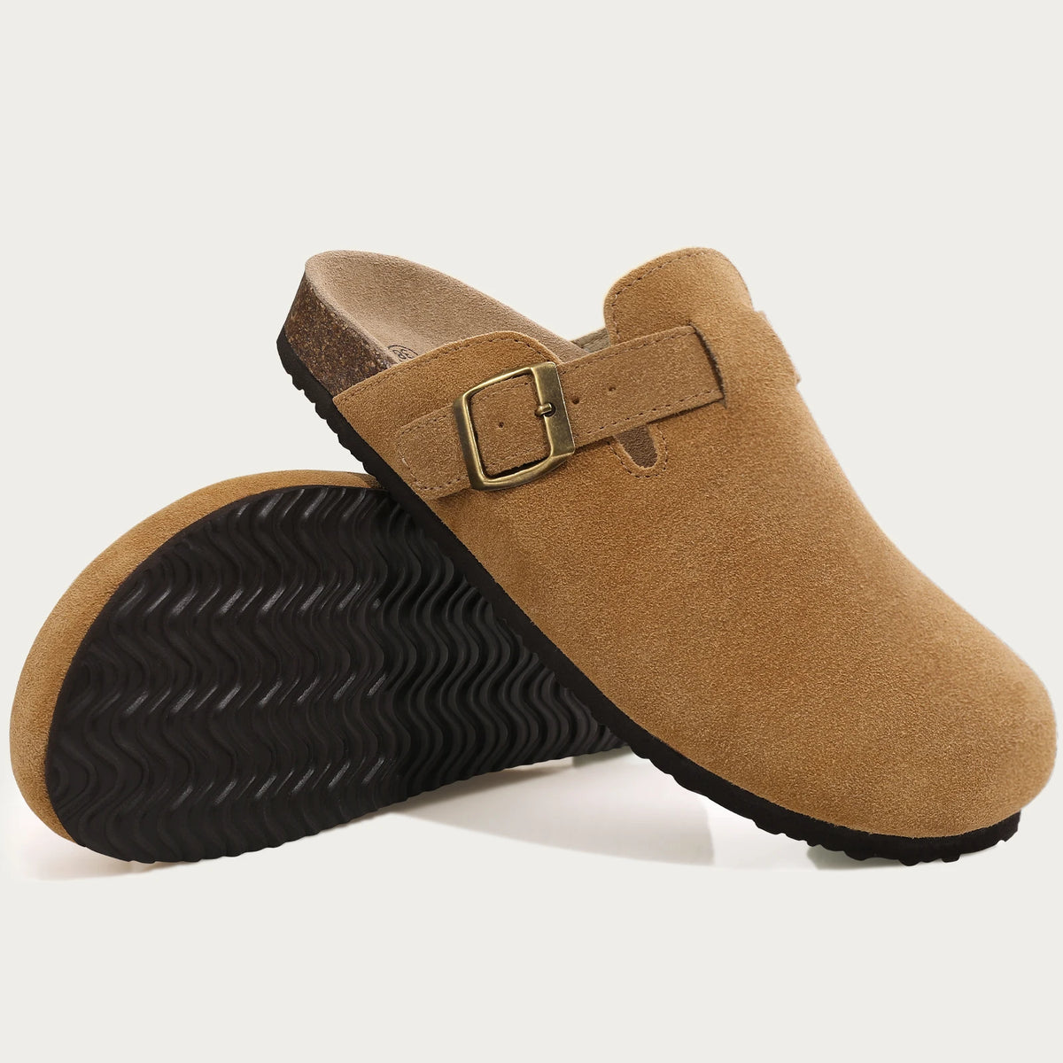 Evshine Men's Suede Clogs Fashion Leather Mules Cozy Footbed Slippers With Adjustable Buckle AntiSlip Cork Slippers Unisex Mules
