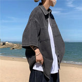 Men's Loose Fit Short Sleeve Denim Shirt Thin Summer Fashion Hong Kong Style Seven Sleeve Outerwear Trendy Casual Shirt
