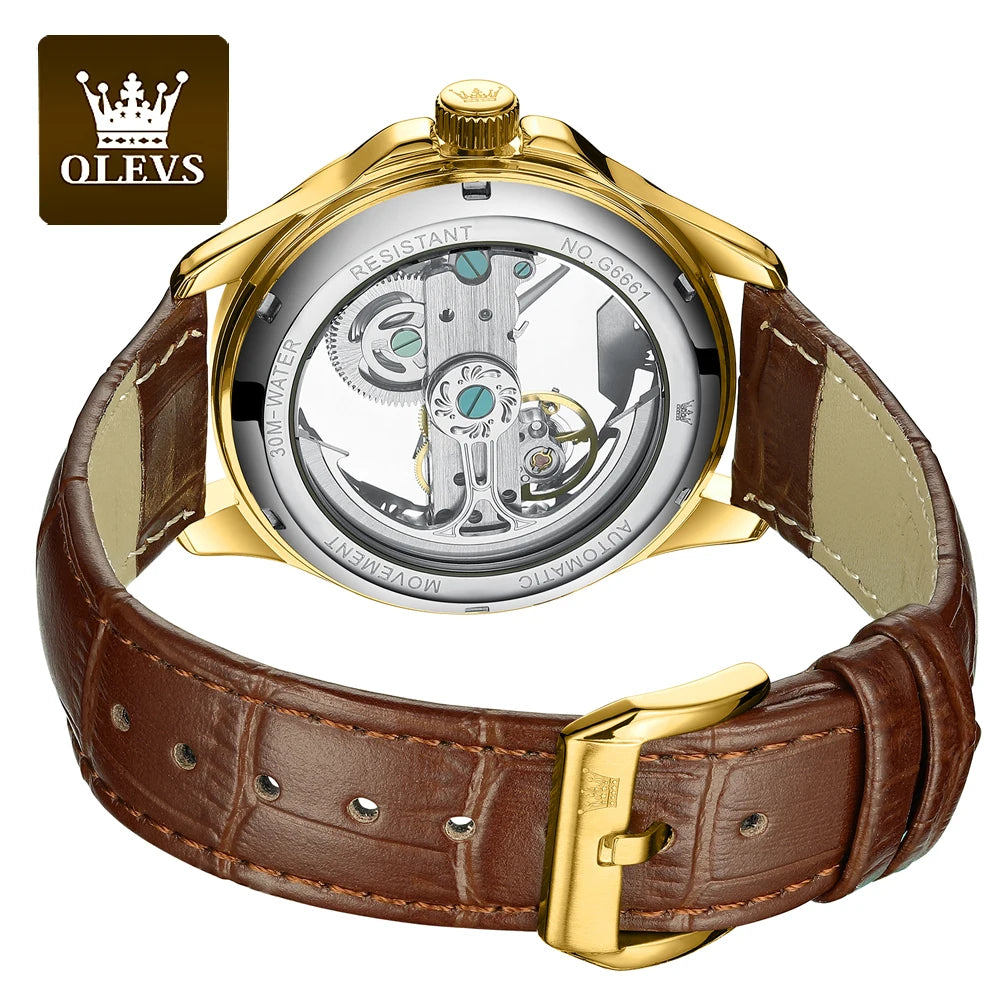 OLEVS 6661 Automatic Mechanical Man Watch Full Transparant Skeleton Flywheel Leather Strap Luxury Brand Original Mens Wristwatch