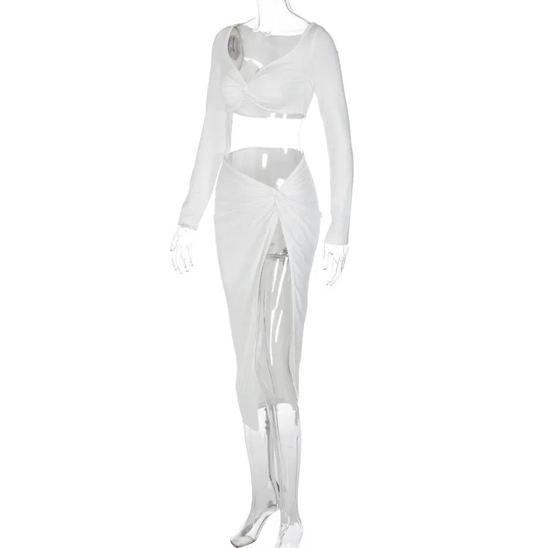 Cryptographic Ruched Long Sleeve Cropped Top and Skirt Co-ords Set Elegant Fashion Club Outfits Asymmetric Split Matching Sets