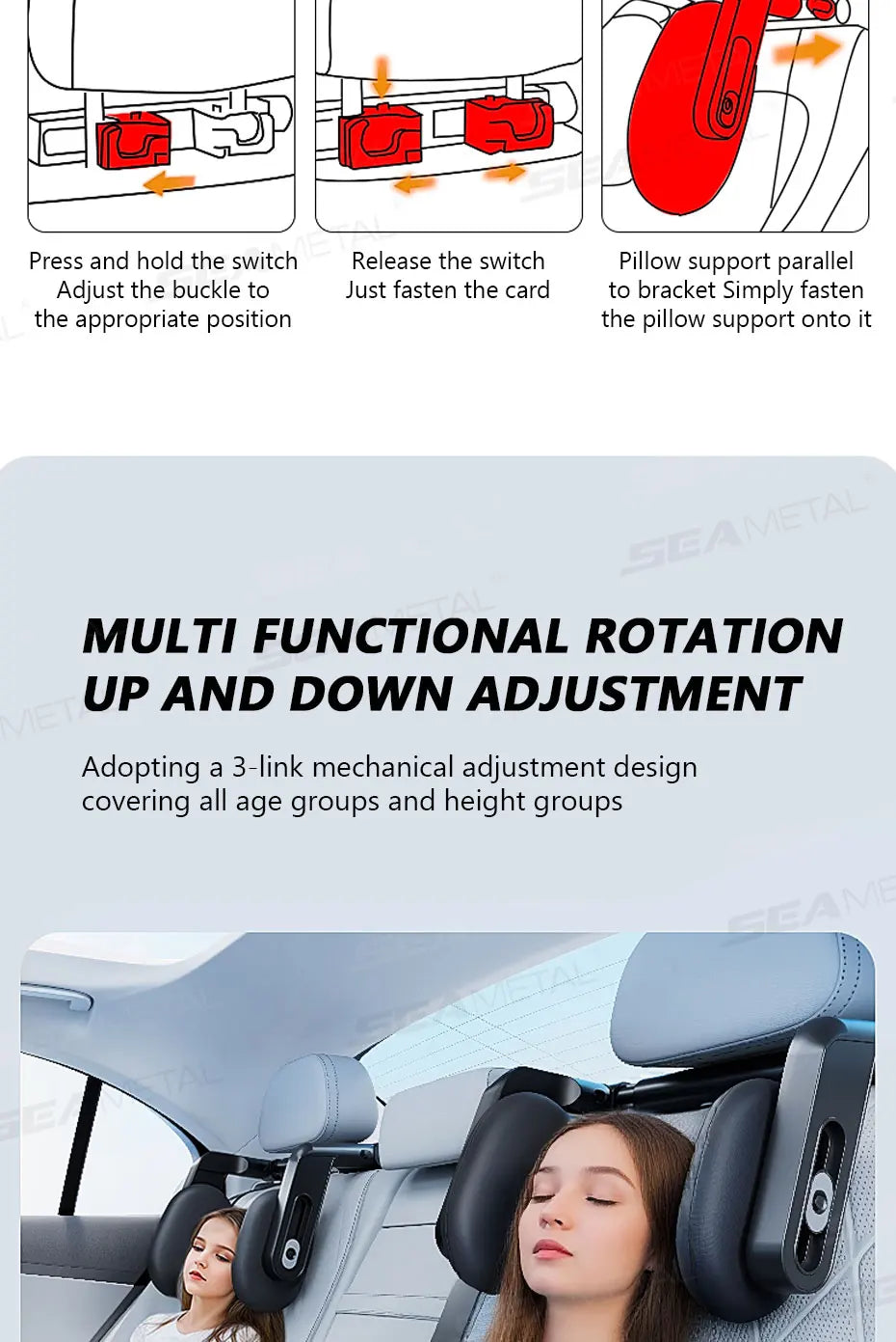 SEAMETAL Multifunctional Car Headrest 3D Memory Foam Neck Support Pillow Free-Adjustment Neck Protection Pillow for Traveling