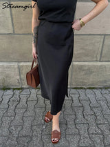 Women's Satin Midi Skirt – Elegant A-Line with Slit