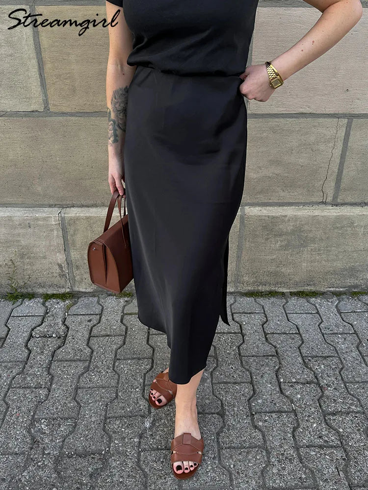 Women's Satin Midi Skirt – Elegant A-Line with Slit