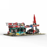 Movie Game Red Abandoned Gas Station Architecture Doomsday House Modular Building Blocks Model Kit Adult DIY Gift 2221PCS