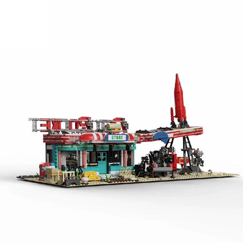 Movie Game Red Abandoned Gas Station Architecture Doomsday House Modular Building Blocks Model Kit Adult DIY Gift 2221PCS