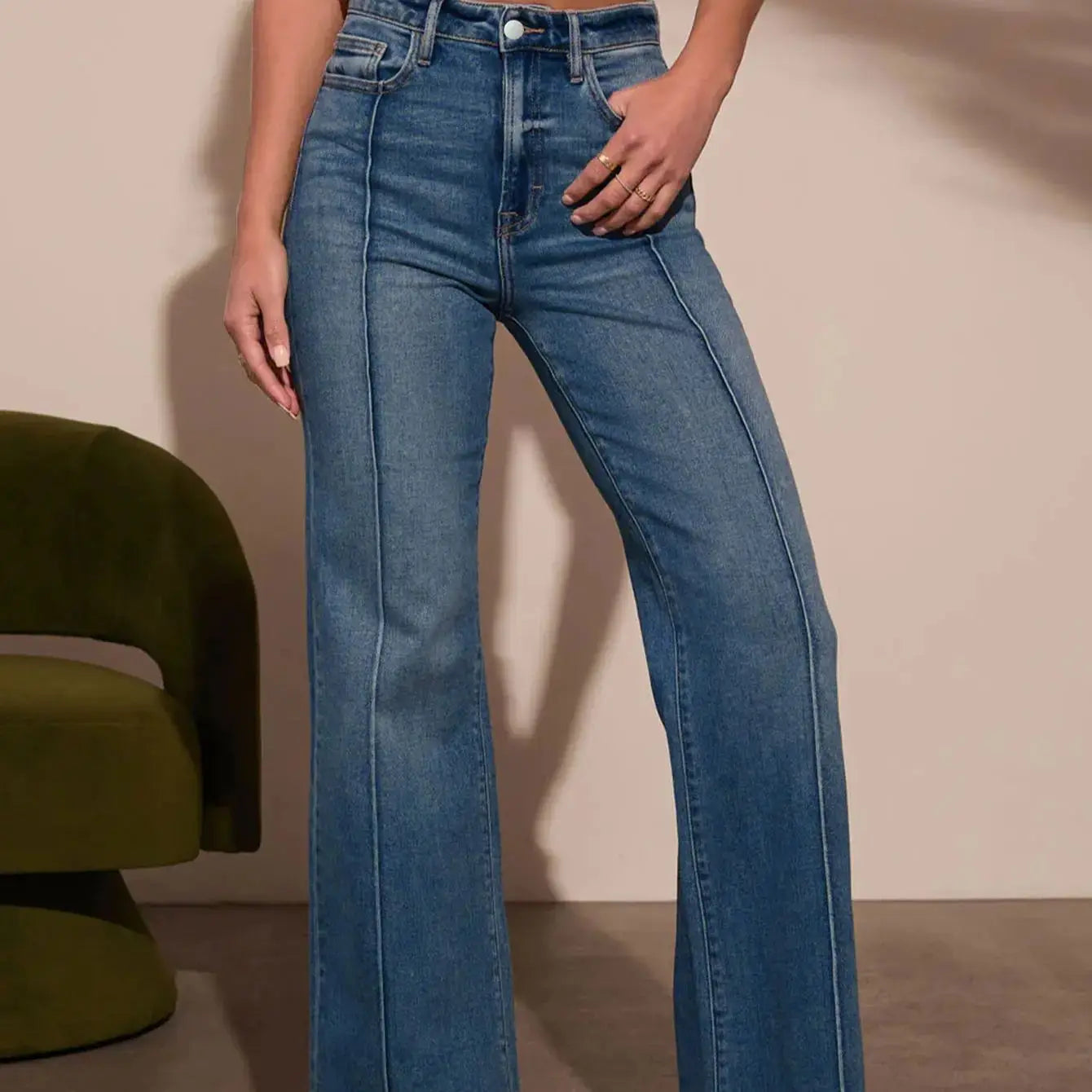 Women's Dark Blue High Waist Wide Leg Stretch Jeans