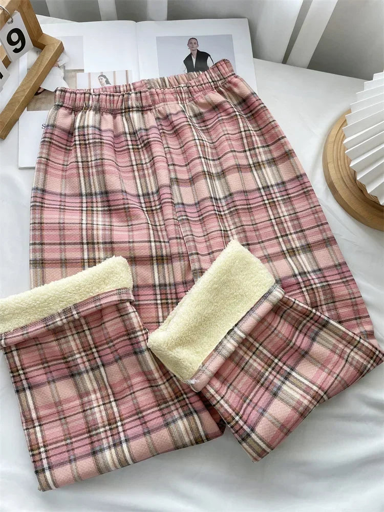 Plaid Plush Wide-Leg Trousers
