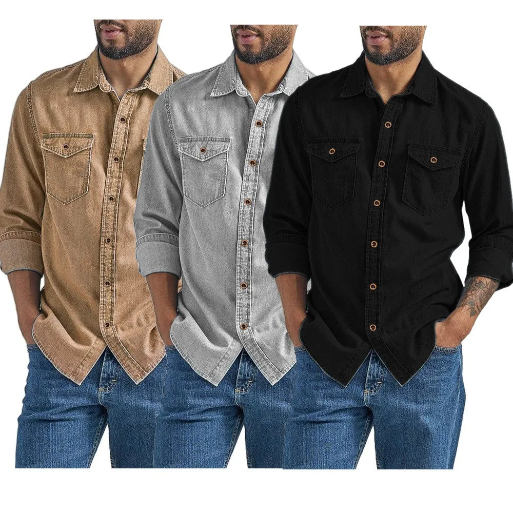 Men's Denim Shirt Slim Fit Light Blue Long Sleeve Casual Top with Two Chest Pockets Button Front Copper Buttons Washed Gray
