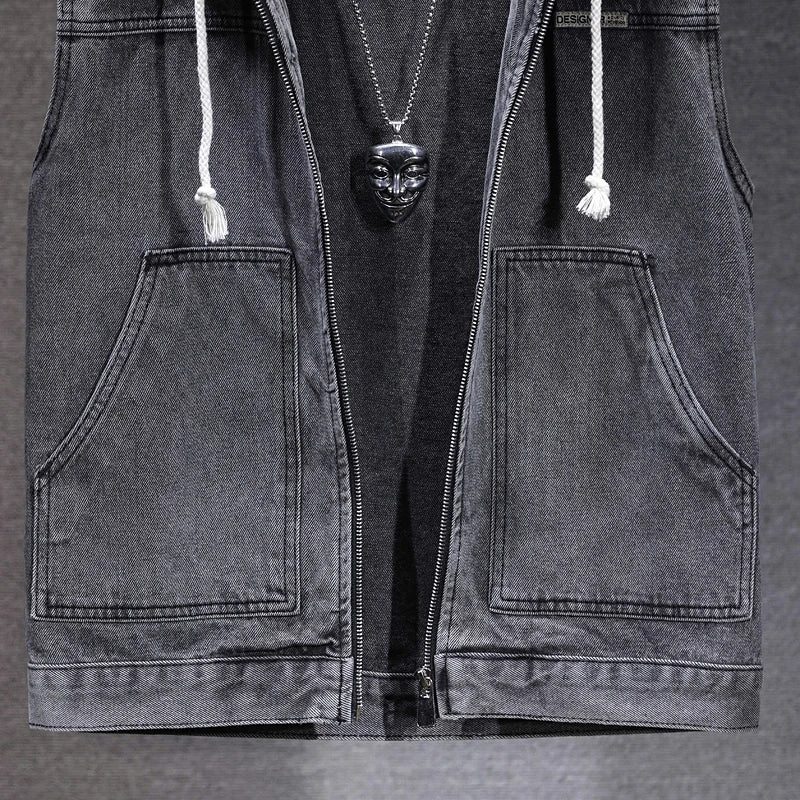 New Men's Loose Workwear Denim Vest with Hood Sleeveless Everyday Versatile Shoulder Pad Jacket Casual Unisex Outerwear
