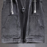 New Men's Loose Workwear Denim Vest with Hood Sleeveless Everyday Versatile Shoulder Pad Jacket Casual Unisex Outerwear