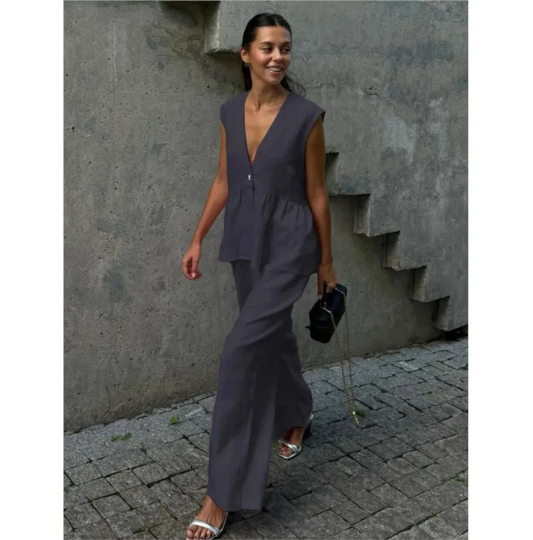 Fashion Women's Trouser Suits Sleeveless V-Neck Top Women Casual Straight Pants Sets Summer Women's Suit Commuter 2 Piece Set