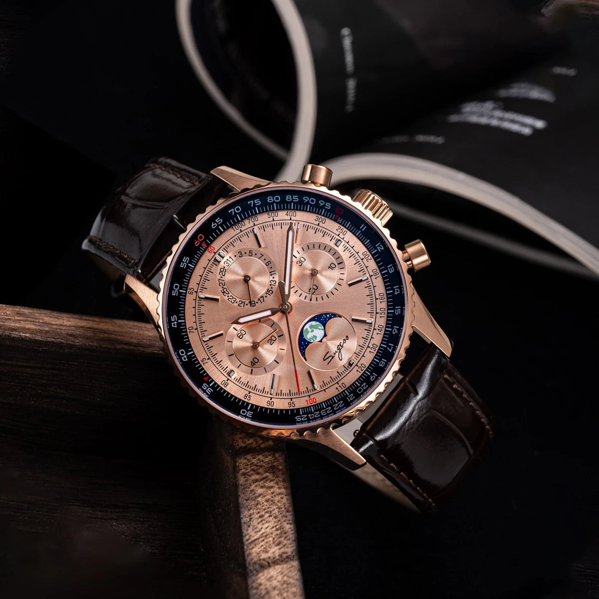 Sugess Watch Mens Moonphase Pilot Chronograph Mechanical Wristwatches Tianjin ST1908 Movement Swanneck Sapphire Crystal Luminous