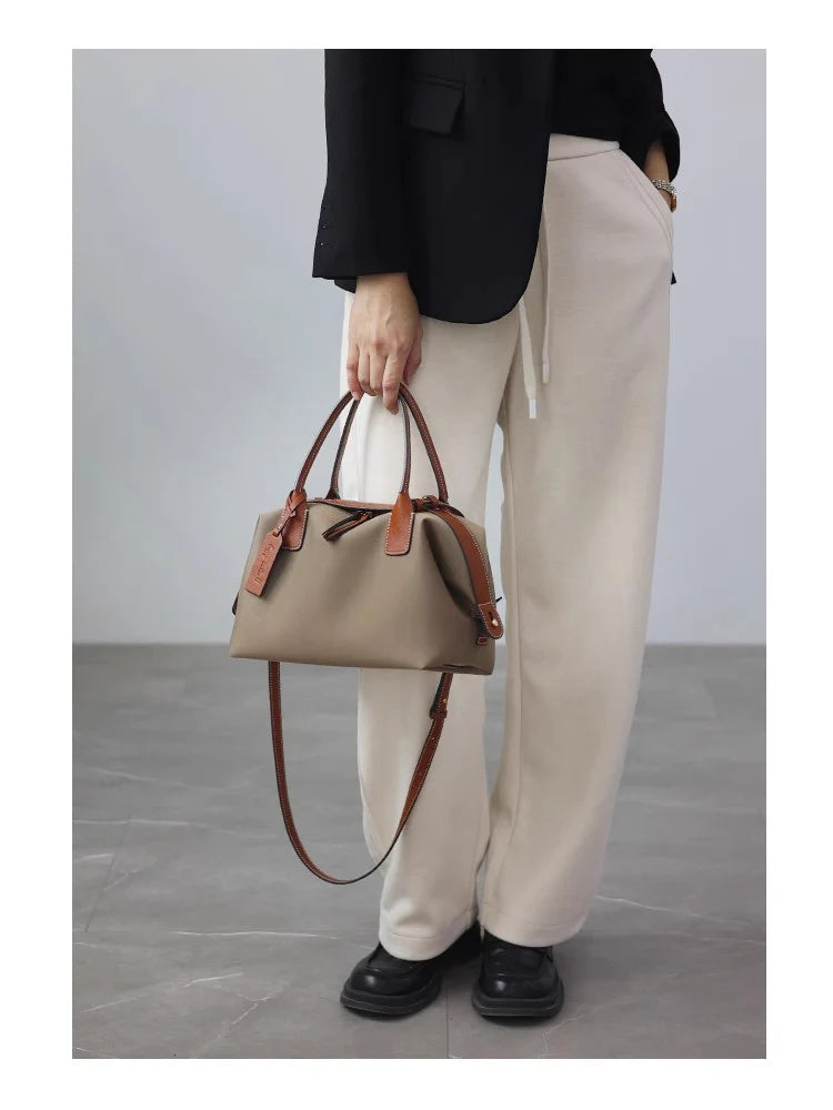 Women's Nylon With Genuine Leather Zipper Tote Lightweight Soft Travling Bags Versatile Style Handbag Different Colors And Size