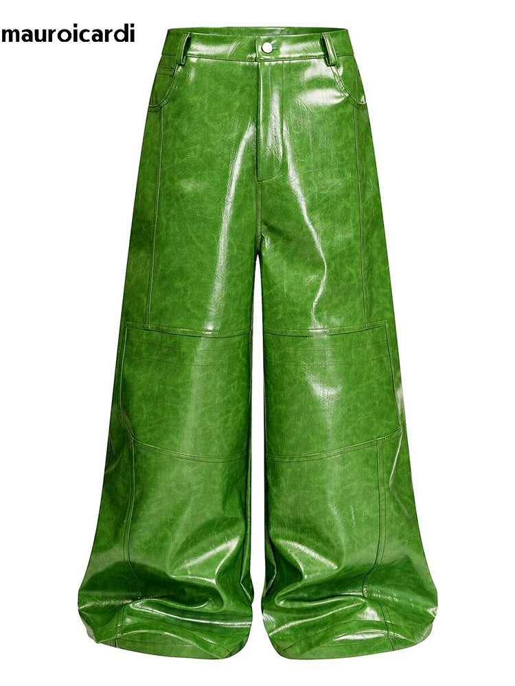 Olive Green PU Leather Wide Leg Pants — Men's Y2K Streetwear Trousers