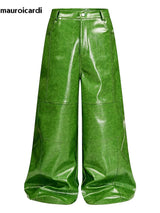 Olive Green PU Leather Wide Leg Pants — Men's Y2K Streetwear Trousers