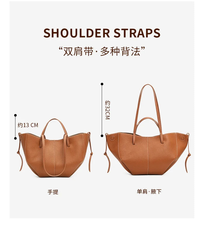 2025 leather shoulder bag versatile niche handbag, top layer cowhide commuting high-end feeling, large capacity tote bag for wom