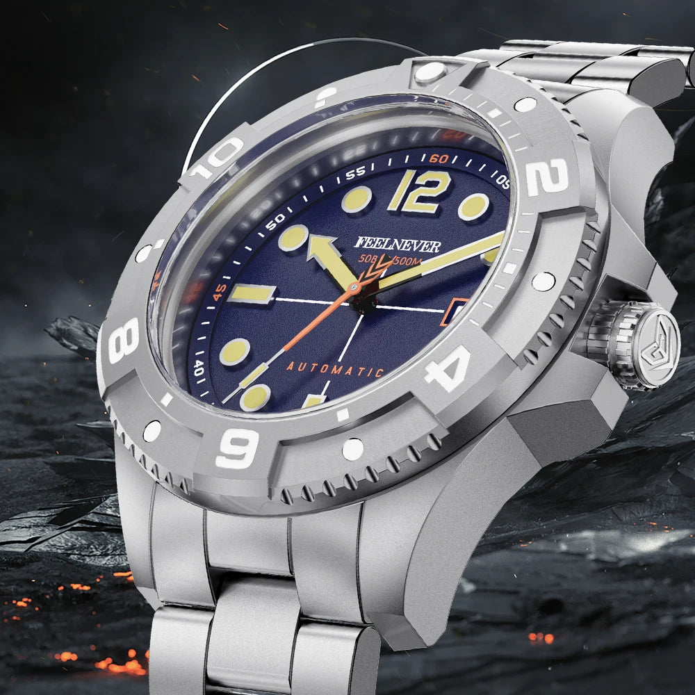 FeelNever Profession Casual Sports Mechanical Man Watch Stainless Steel Sapphire Crystal 50Bar Auto Date Wristwatch Reloj Hombre