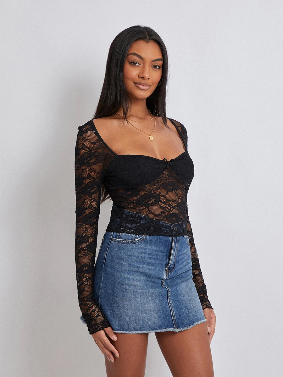 Floral Lace Long Sleeve Crop Top