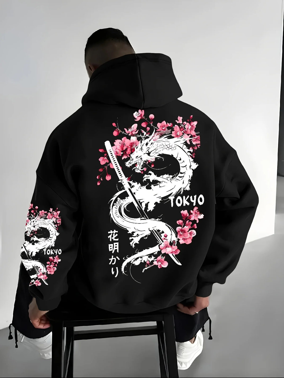 Men's Dragon & Cherry Blossom Print Hoodie