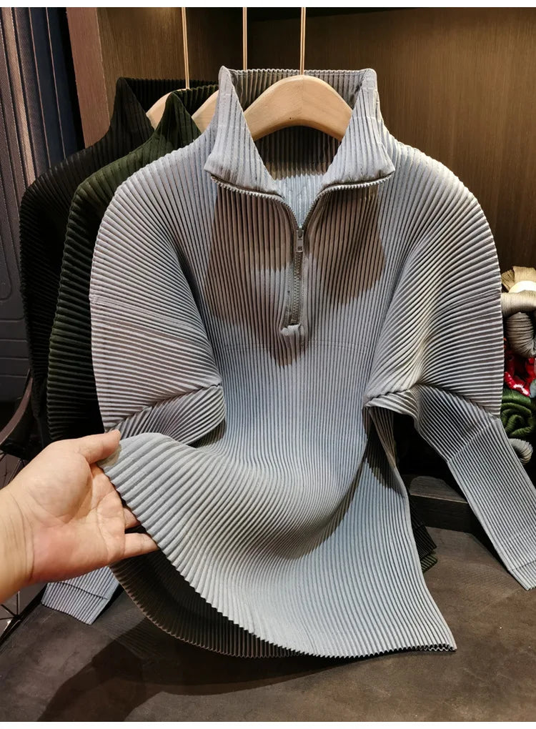 Miyake Pleated Sweatshirt Pit Stripe Zipper Standing Collar Jacket Women 2025 New Casual Pullover Hundred Pleat Skinny Tops