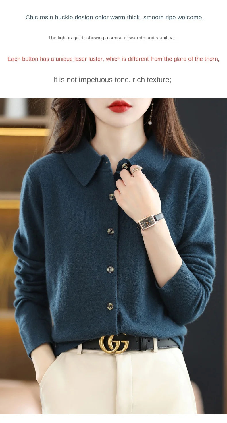 Polo Collar Spun Wool Cardigan – Elegant Single-Breasted Knit Jacket