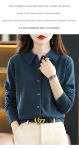 Polo Collar Spun Wool Cardigan – Elegant Single-Breasted Knit Jacket