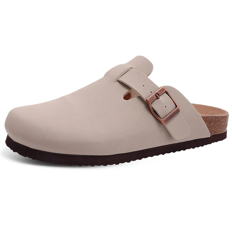 Evshine Men's Suede Clogs Fashion Leather Mules Cozy Footbed Slippers With Adjustable Buckle AntiSlip Cork Slippers Unisex Mules