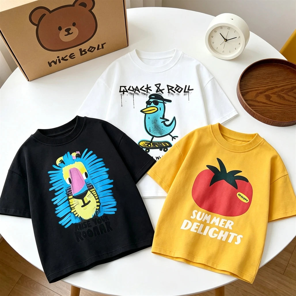 Summer Clothes Cartoon Printed Tops 1-7Years Old Child Round Neck Base Shirt Pure Cotton Clothing Kids Lovely Fashion T Shirt