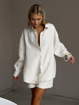 Bornladies Women's Cotton Casual Shorts Set Solid Color Lapel Long Sleeve Shirt Elastic Waist Shorts Outfit Daily Vacation Wear
