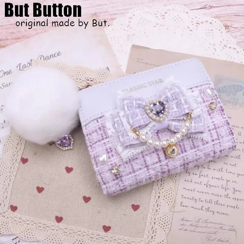 Kawaii Sweet Japanese Lolita Bow Wallet JK Harajuku Y2K Lace Rhinestone Short Wallet Mini Purse Card Holder Women Girls Gift