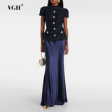 VGH Chic Two Piece Sets for Women Stand Collar Short Sleeves Spliced Pocket Tweed Top High Waist Maxi Skirts Vintage Suit Female