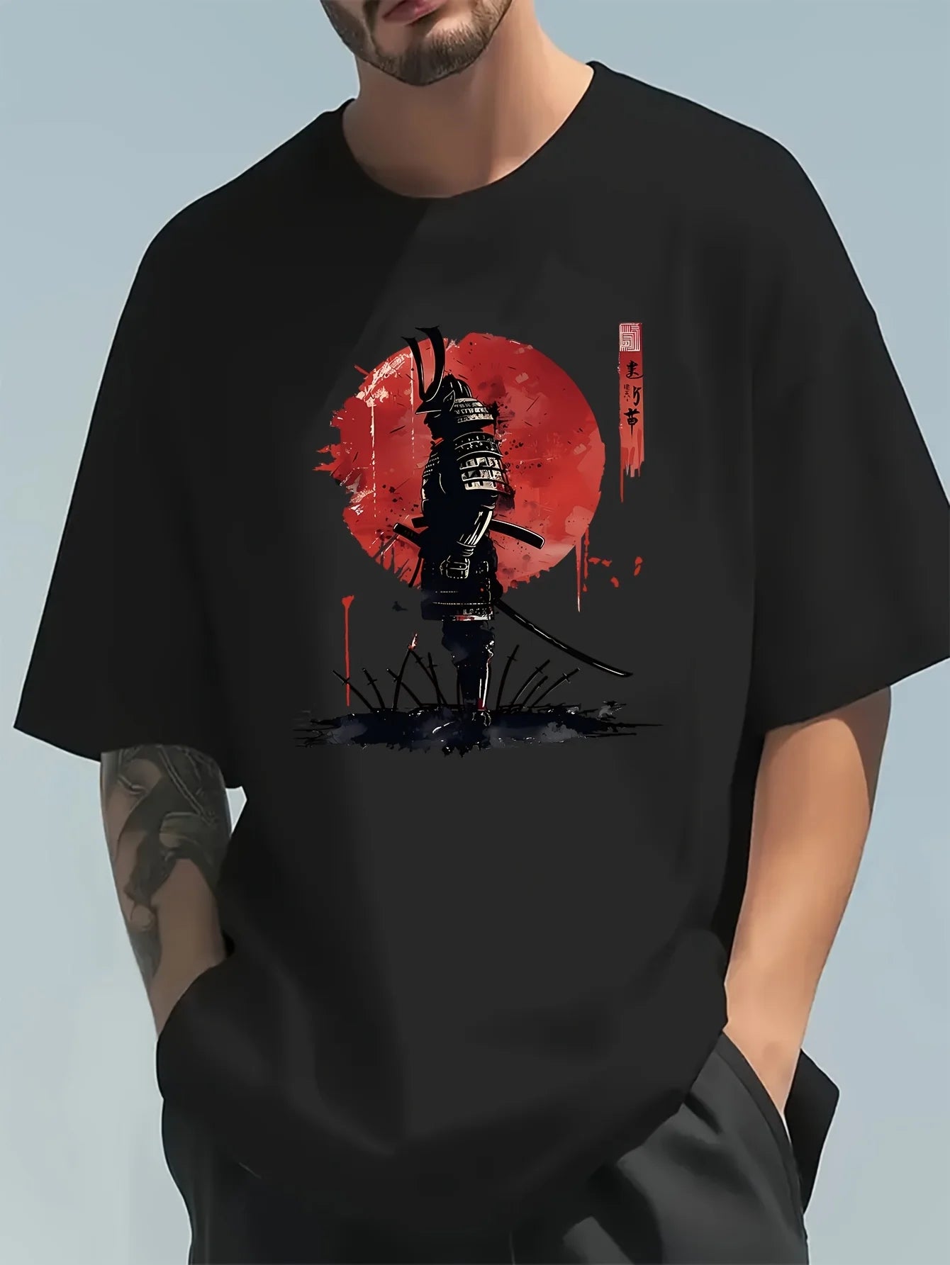 Men's Japanese Samurai Print Cotton T-Shirt - Relaxed Fit