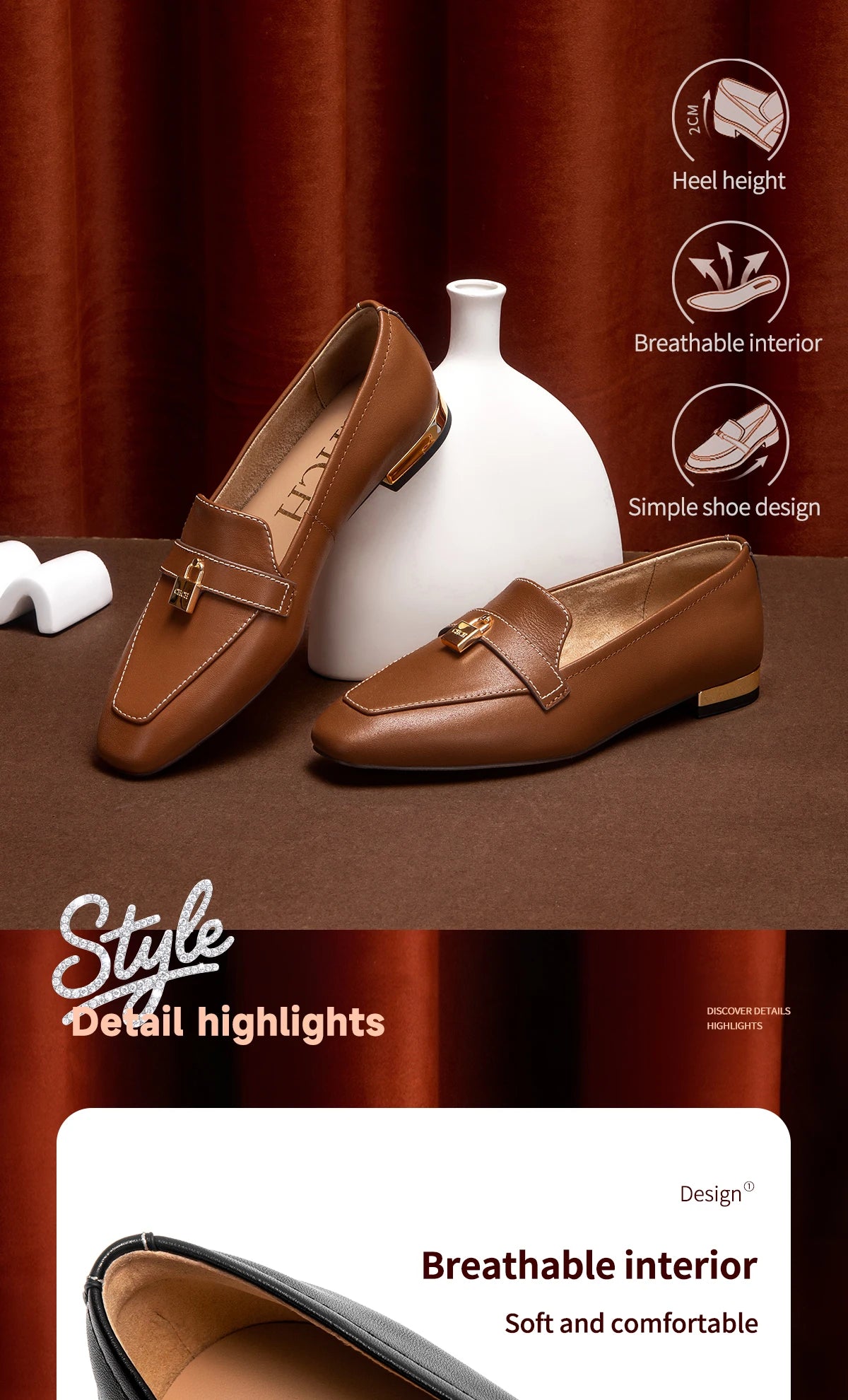 Women's Leather Loafers with Gold Lock Detail Square Toe Low Heel Penny Casual Office Slip-On Dress Shoes for Woman