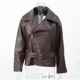 Women's Dark Red Zipper Leather Short Jackets Chic Long Sleeve Lace Up Lapel Loose Button Coat Lady Daily High Street Wear 2025