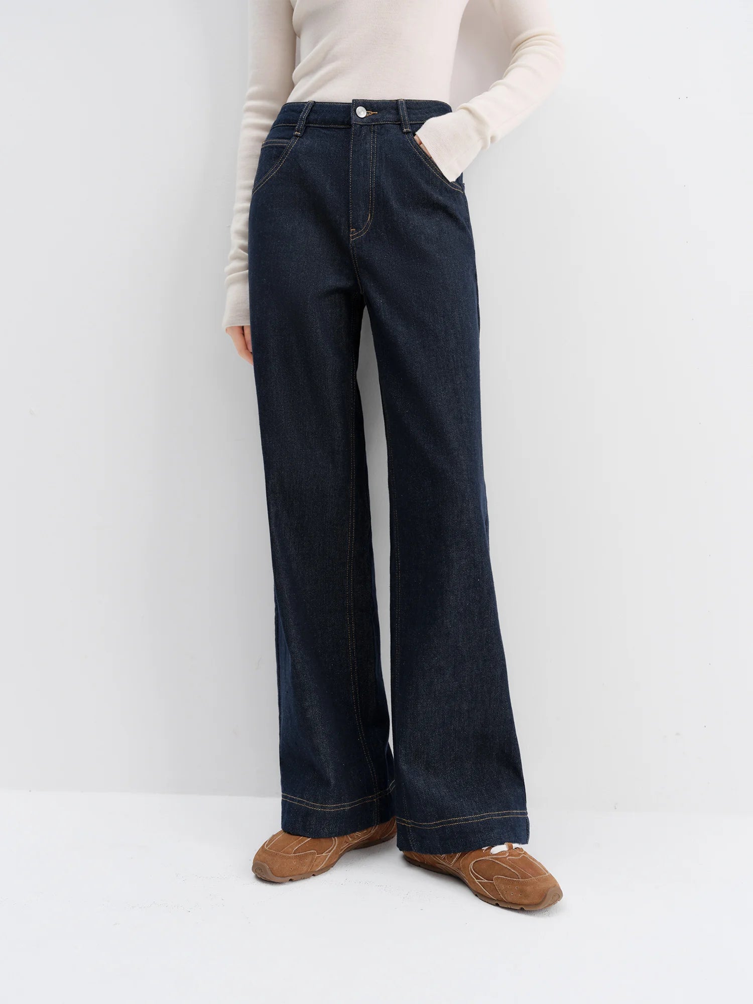 FSLE Straight High Waist Jeans for Women Winter Solid Simple All-match 2025 New Long and Short Versatile Pants Korean Style
