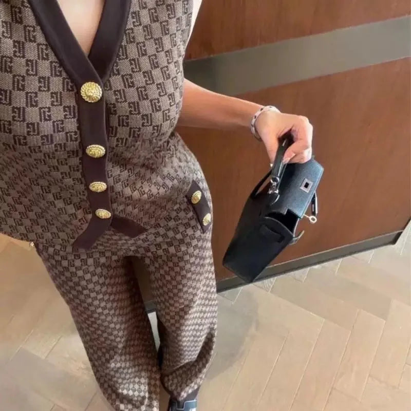 French Style 3-Piece Jacquard Knit Pant Suit – Elegant Vest, Cardigan & Wide-Leg Trousers