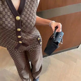 French Style 3-Piece Jacquard Knit Pant Suit – Elegant Vest, Cardigan & Wide-Leg Trousers