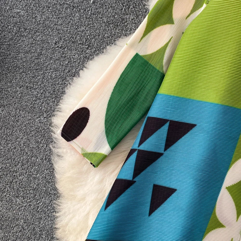 Miyake Pleated Drape Dress – Colorblock Print, 3/4 Sleeve