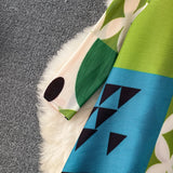 Miyake Pleated Drape Dress – Colorblock Print, 3/4 Sleeve