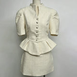 LIMO 2026 New Arrival Pink Tweed 2 Piece Outfit, Women's Elegant Peplum Top with Mini Skirt, Puff Sleeve Formal Suit